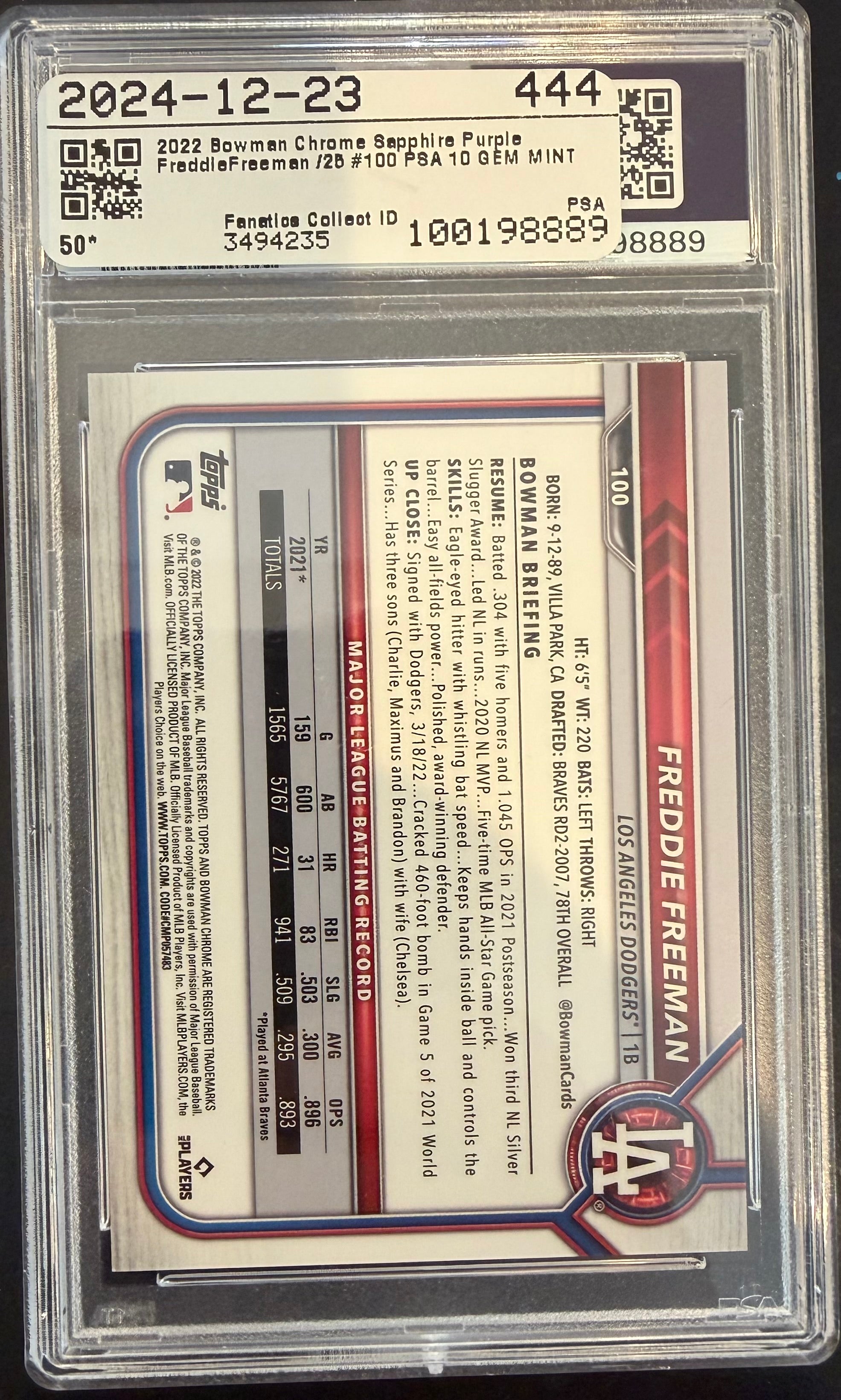 2022 Bowman Chrome Sapphire Purple Freddie Freeman /25 #100 PSA 10