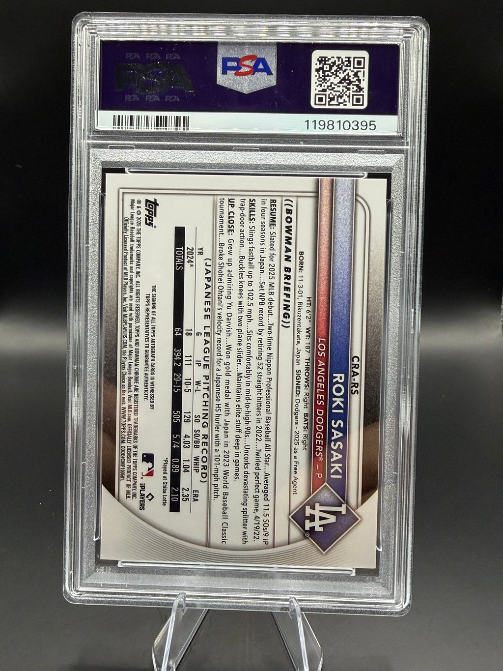 2025 Bowman Roki Sasaki Chrome Rookie Auto Blue Ref. /158