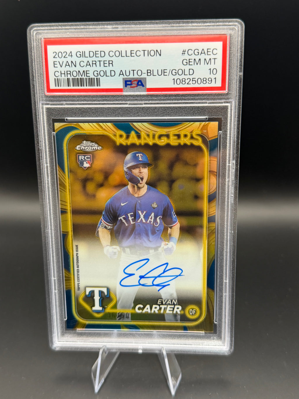2024 Gilded Collection Evan Carter RC Chrome Gold Auto-Blue/Gold /50
