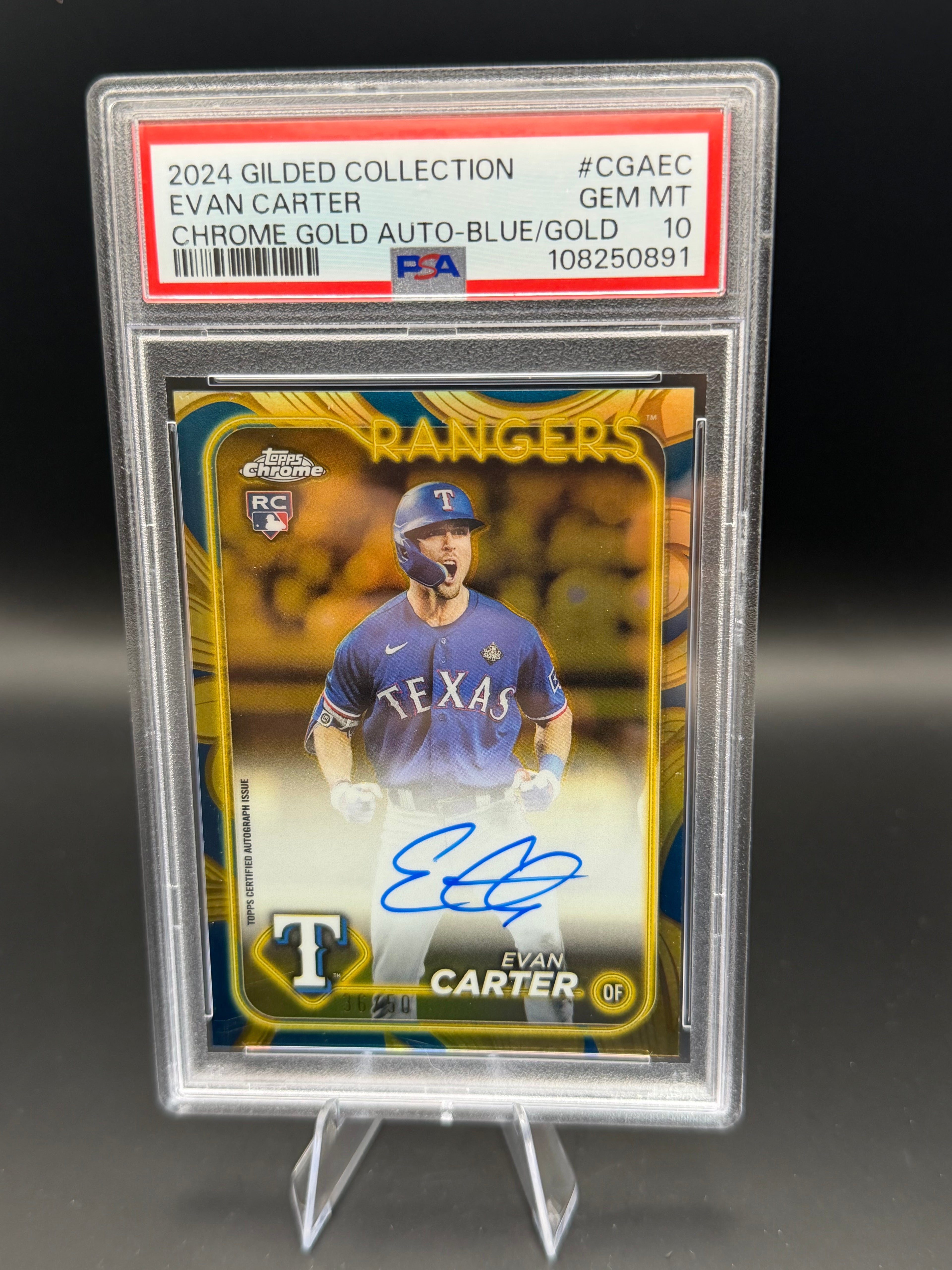 2024 Gilded Collection Evan Carter RC Chrome Gold Auto-Blue/Gold /50