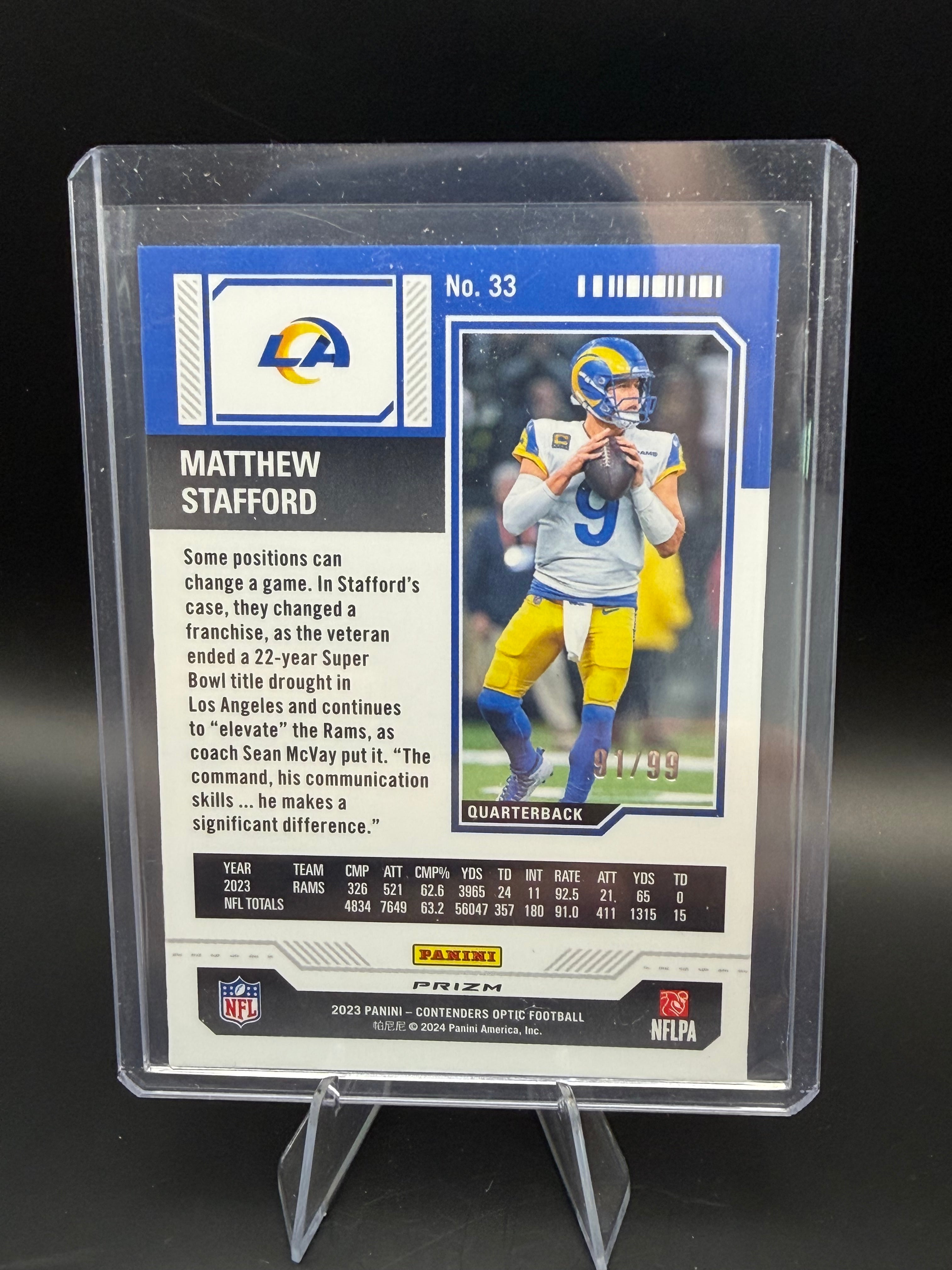 2023 Contenders Optic Season Ticket Blue Prizm Matthew Stafford /99